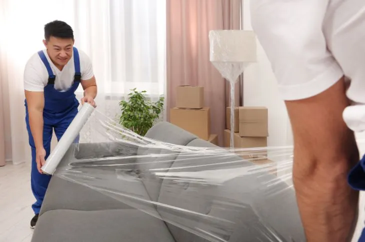 Moving company packs sofa